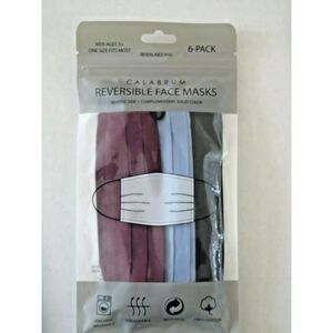 Calabrum Face Masks Reusable 6 Pack Kids 3+Reversible Cotton Blue Burgundy Black